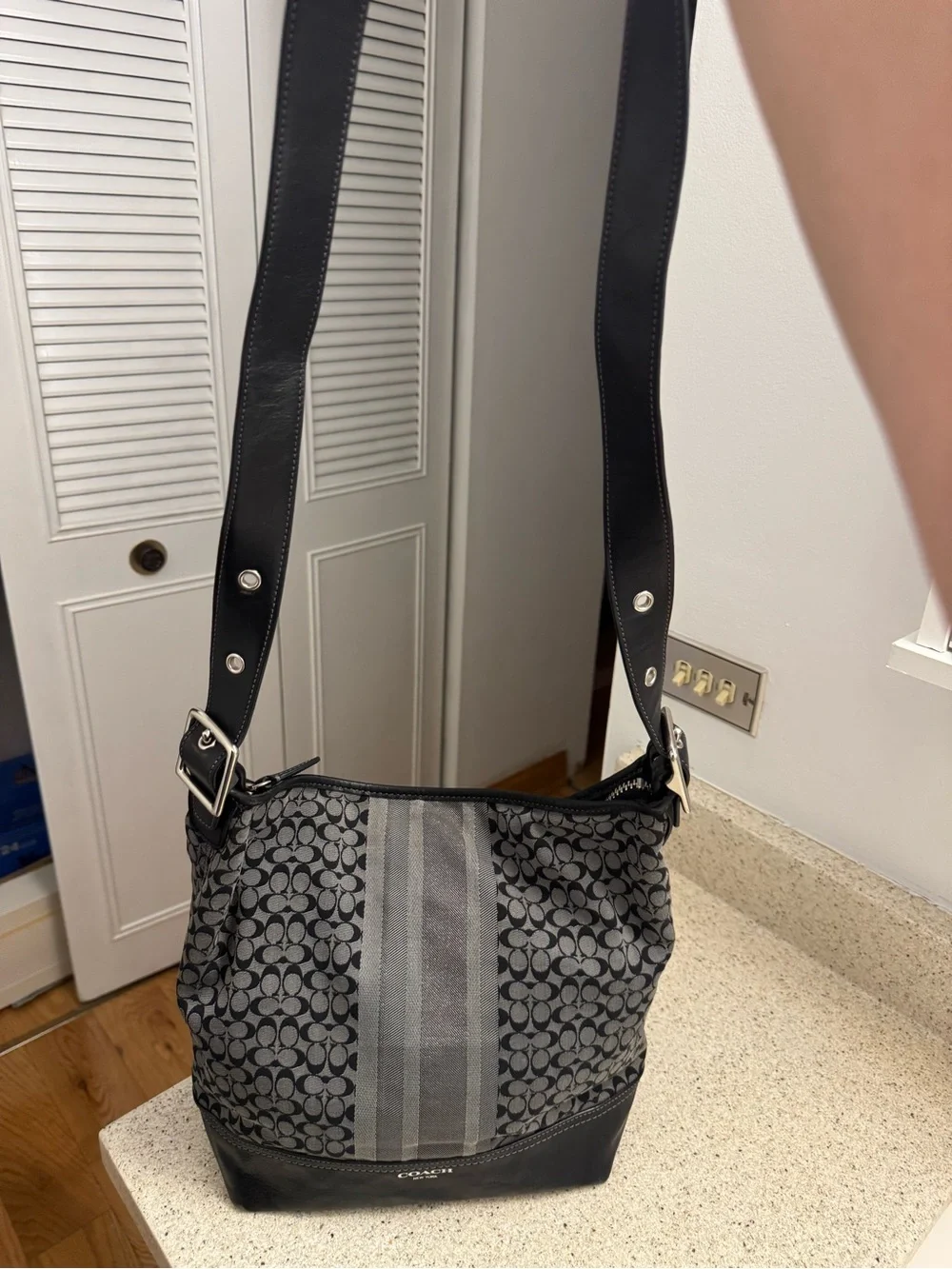 Coach Black and Gray Signature Canvas Hobo Bag